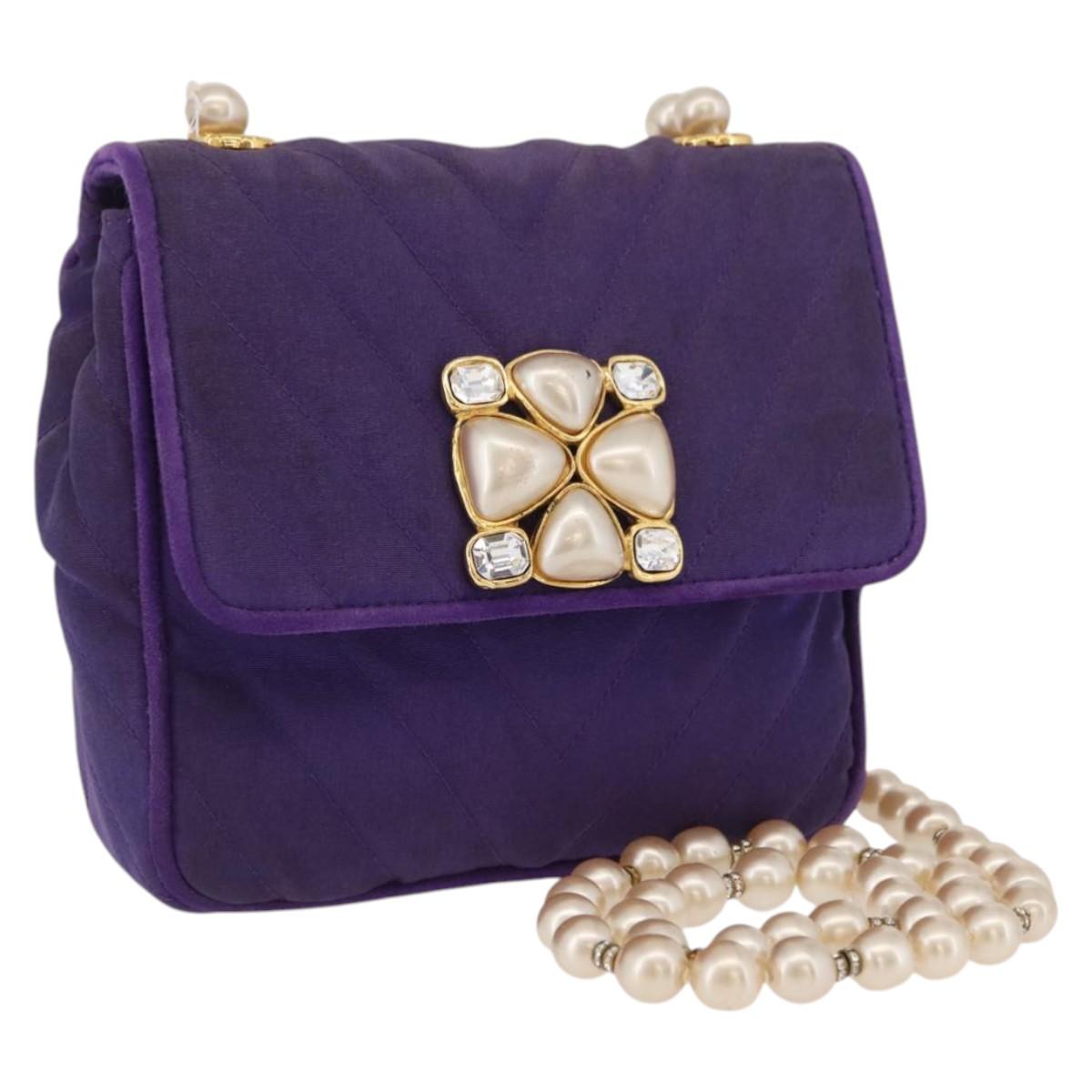 CHANEL V Stitch Pearl Shoulder Bag Nylon Purple Gold CC Auth AMZ336