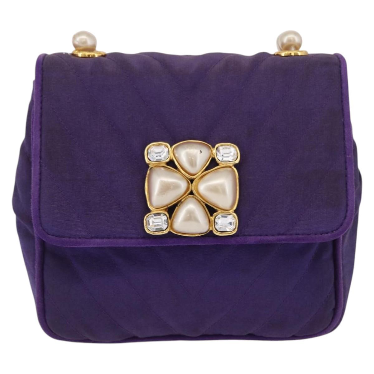 CHANEL V Stitch Pearl Shoulder Bag Nylon Purple Gold CC Auth AMZ336