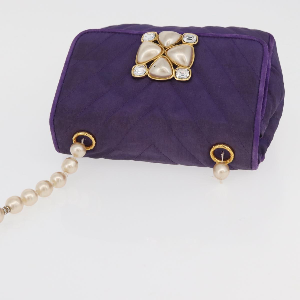 CHANEL V Stitch Pearl Shoulder Bag Nylon Purple Gold CC Auth AMZ336