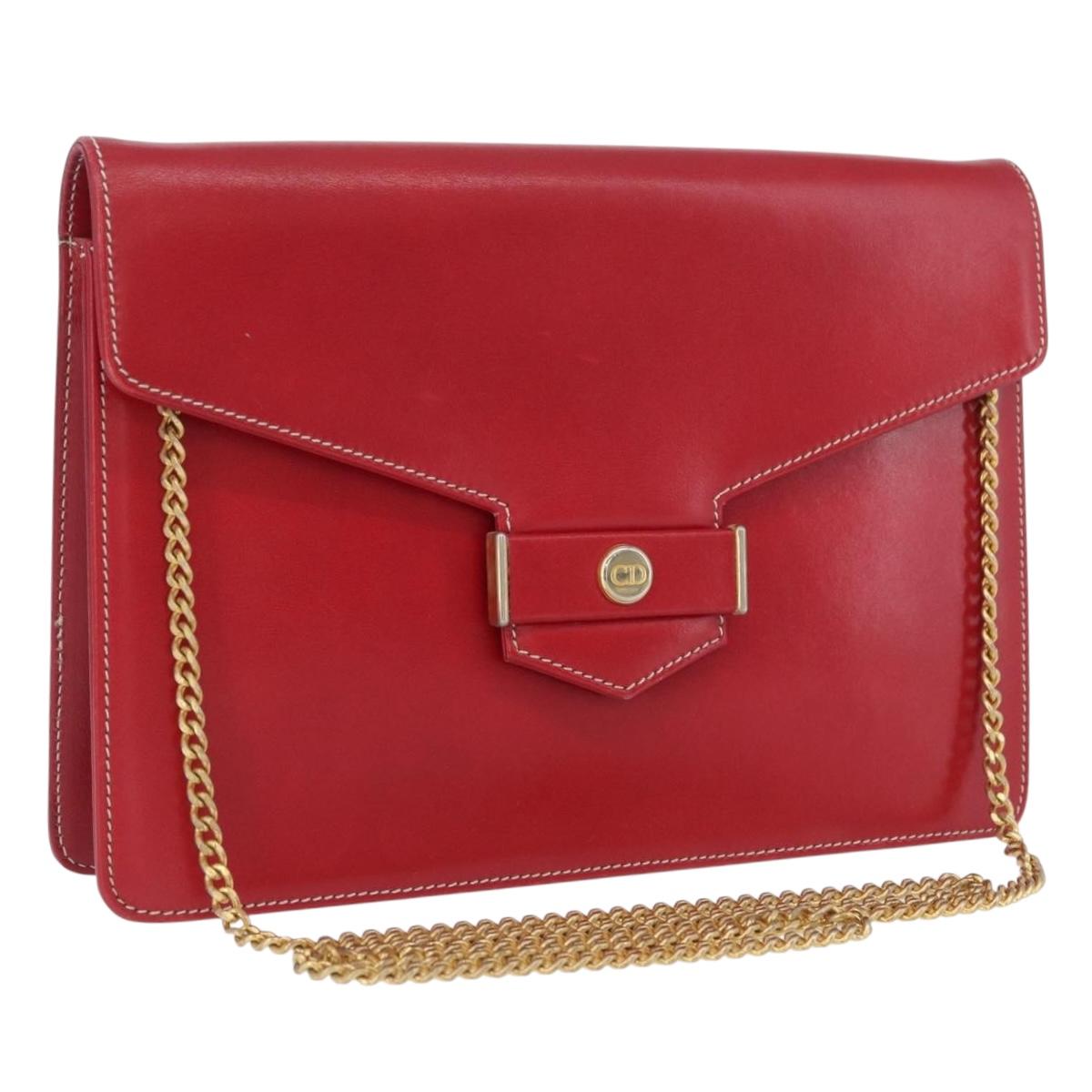 Christian Dior Chain Shoulder Bag Leather Red Gold Auth AMZ337A