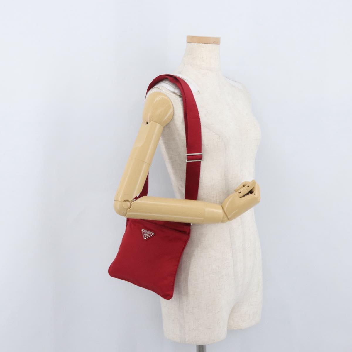 PRADA Shoulder Bag Nylon Red Silver Auth AMZ339