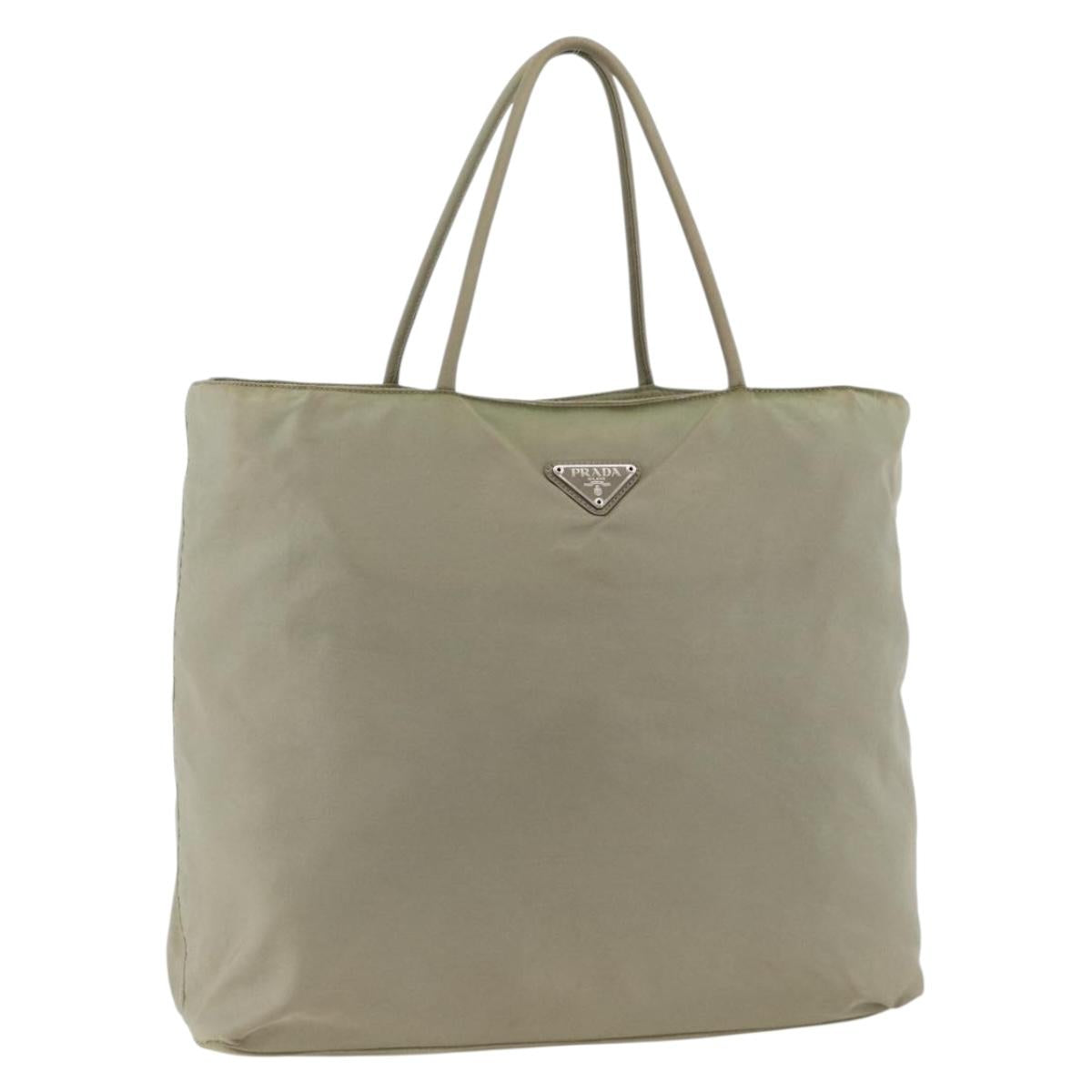 PRADA Hand Bag Nylon Beige Silver Auth AMZ343
