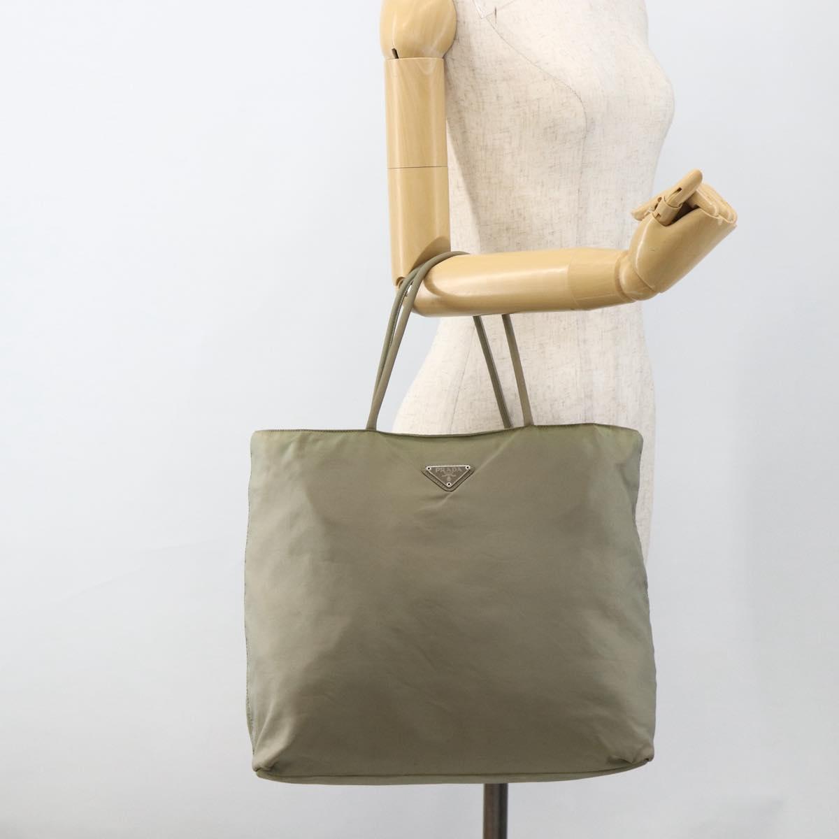 PRADA Hand Bag Nylon Beige Silver Auth AMZ343