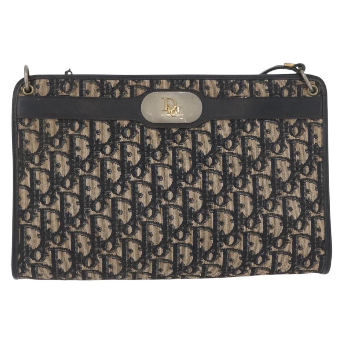 Christian Dior Trotter Canvas Shoulder Bag Navy Gold Auth AMZ357