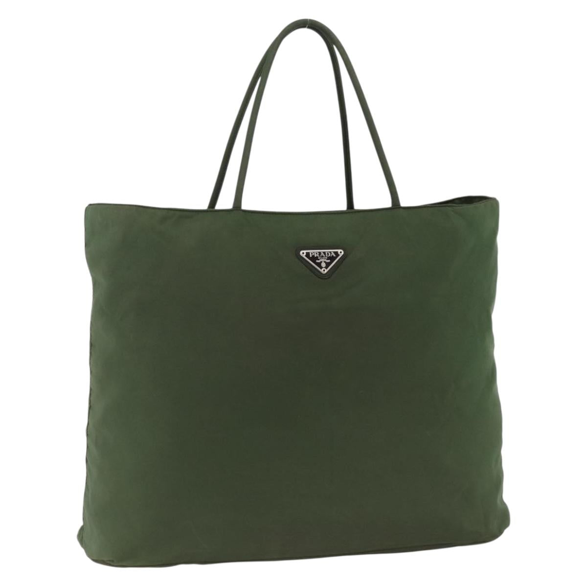 PRADA Hand Bag Nylon Khaki Silver Auth AMZ362