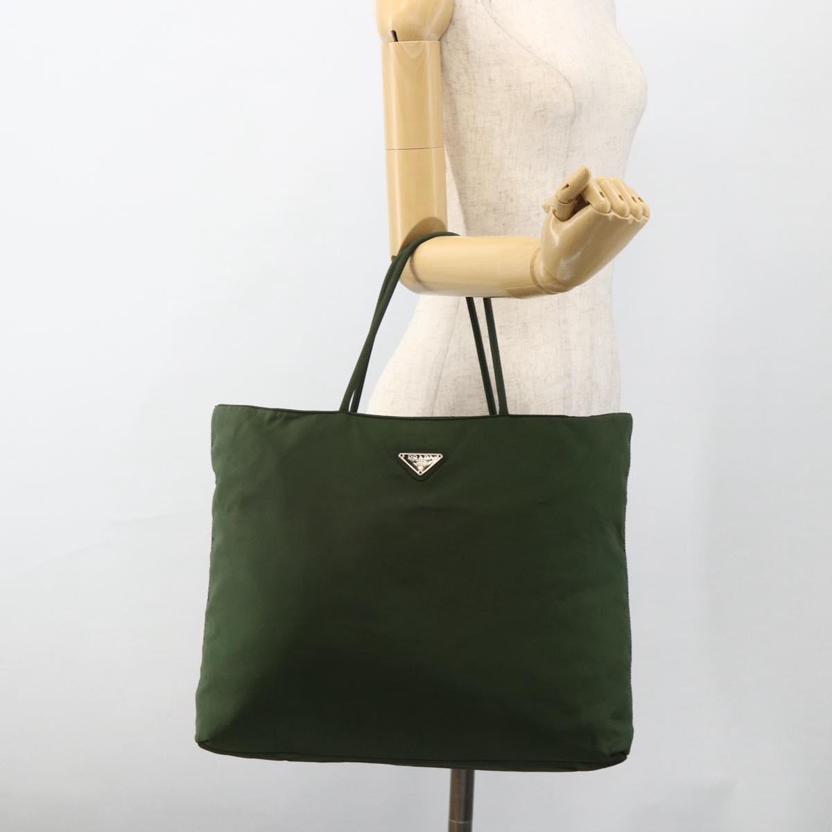 PRADA Hand Bag Nylon Khaki Silver Auth AMZ362
