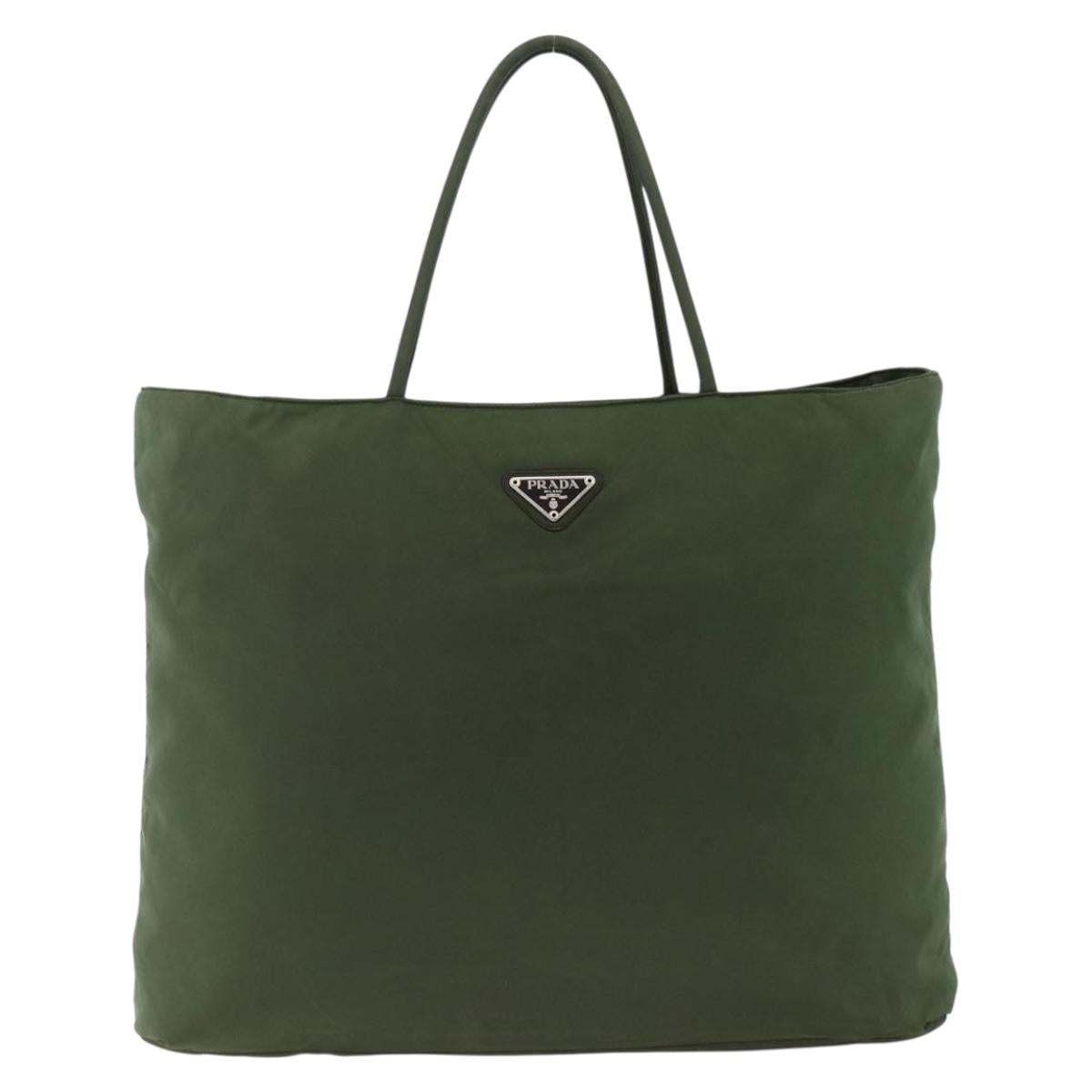 PRADA Hand Bag Nylon Khaki Silver Auth AMZ362