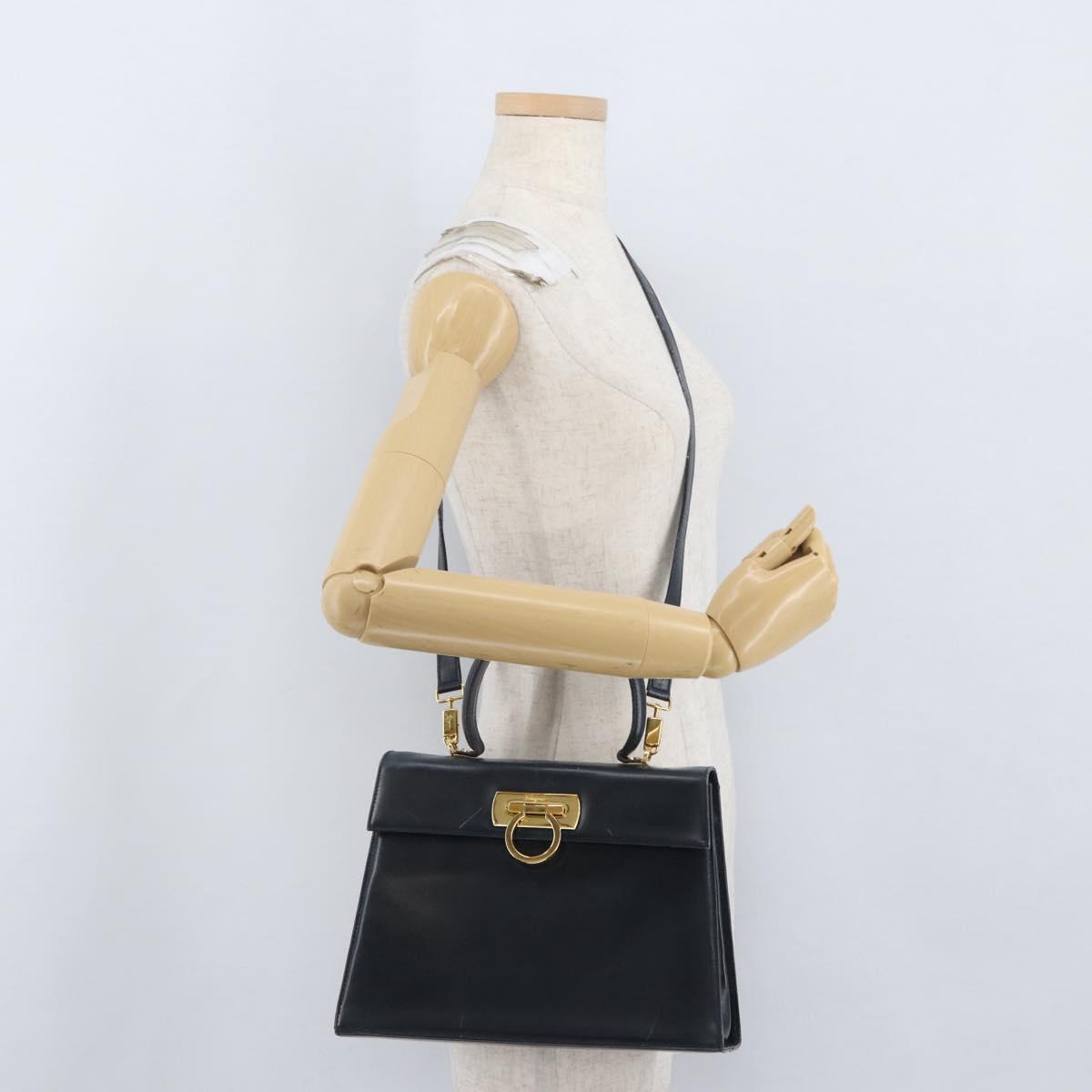 Salvatore Ferragamo Gancini Hand Bag Leather 2way Navy Gold Auth AMZ378