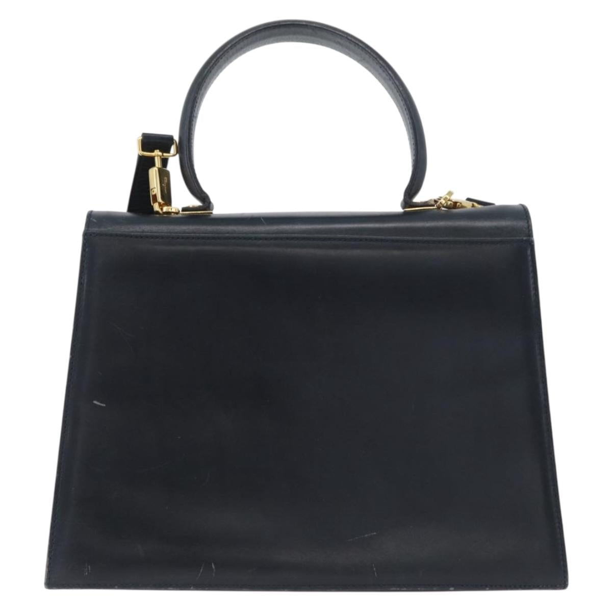 Salvatore Ferragamo Gancini Hand Bag Leather 2way Navy Gold Auth AMZ378