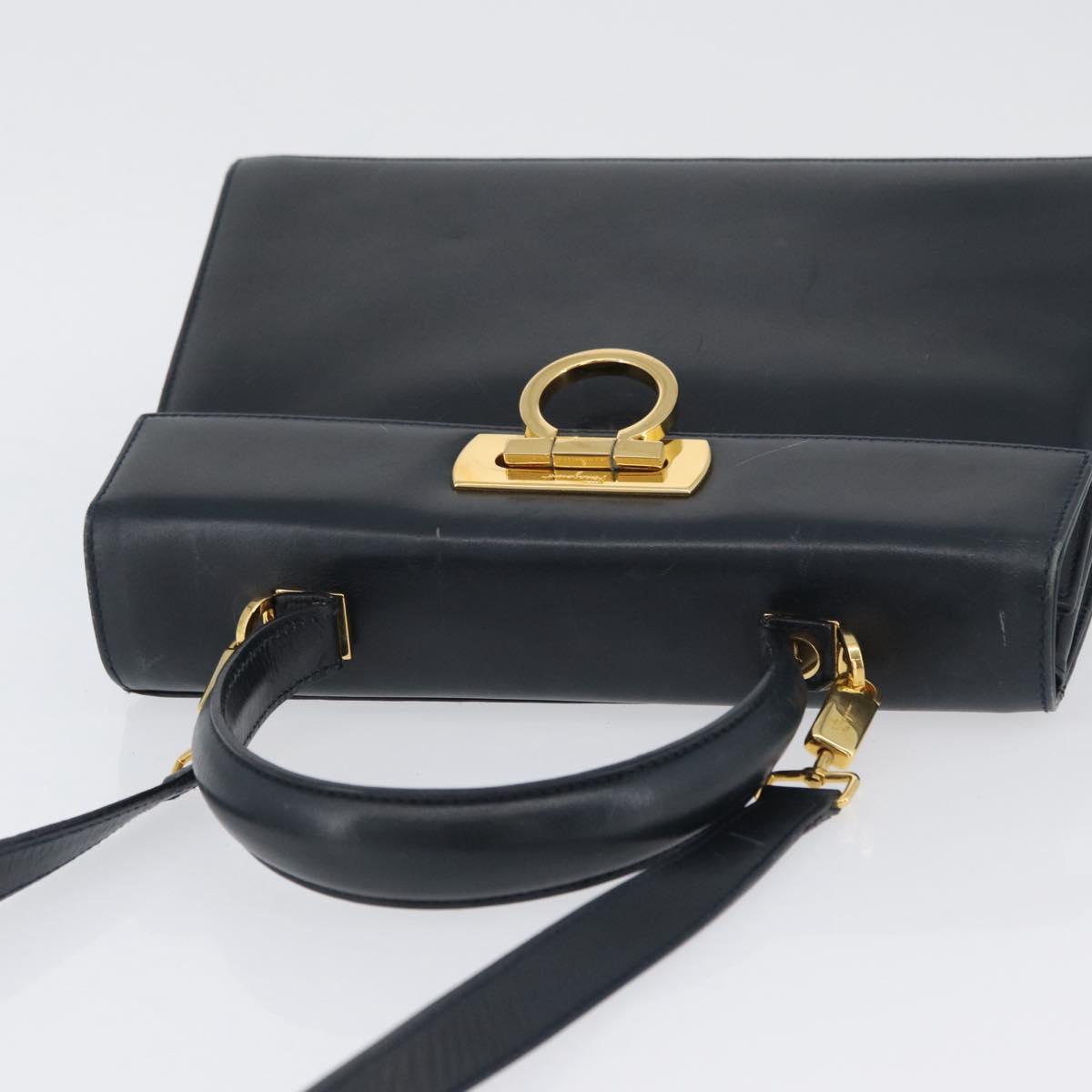 Salvatore Ferragamo Gancini Hand Bag Leather 2way Navy Gold Auth AMZ378