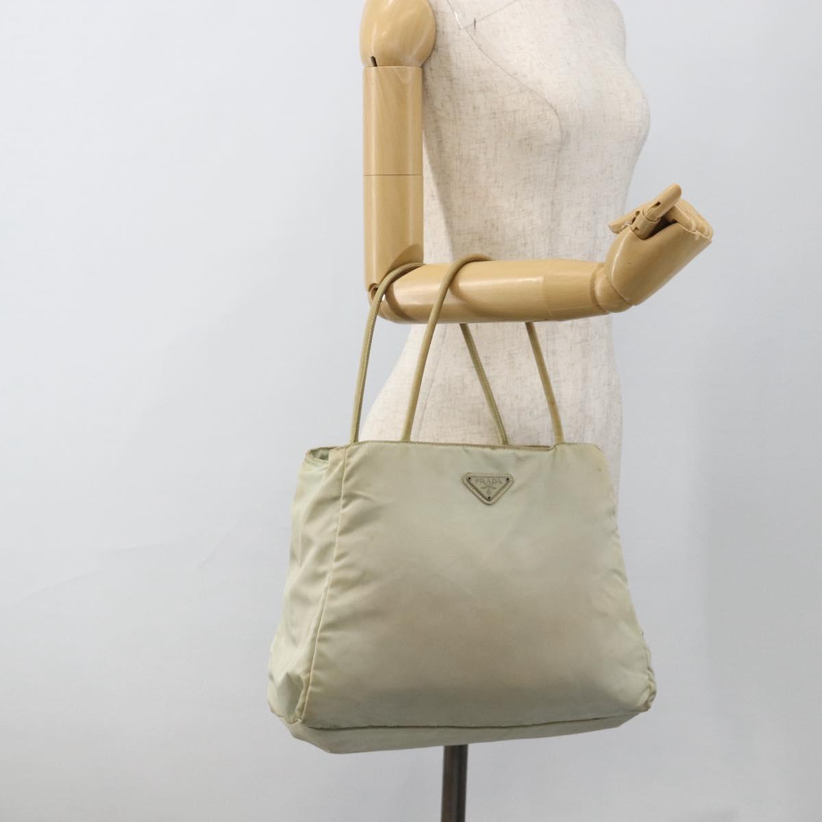 PRADA Tote Bag Nylon Beige Silver Auth AMZ381