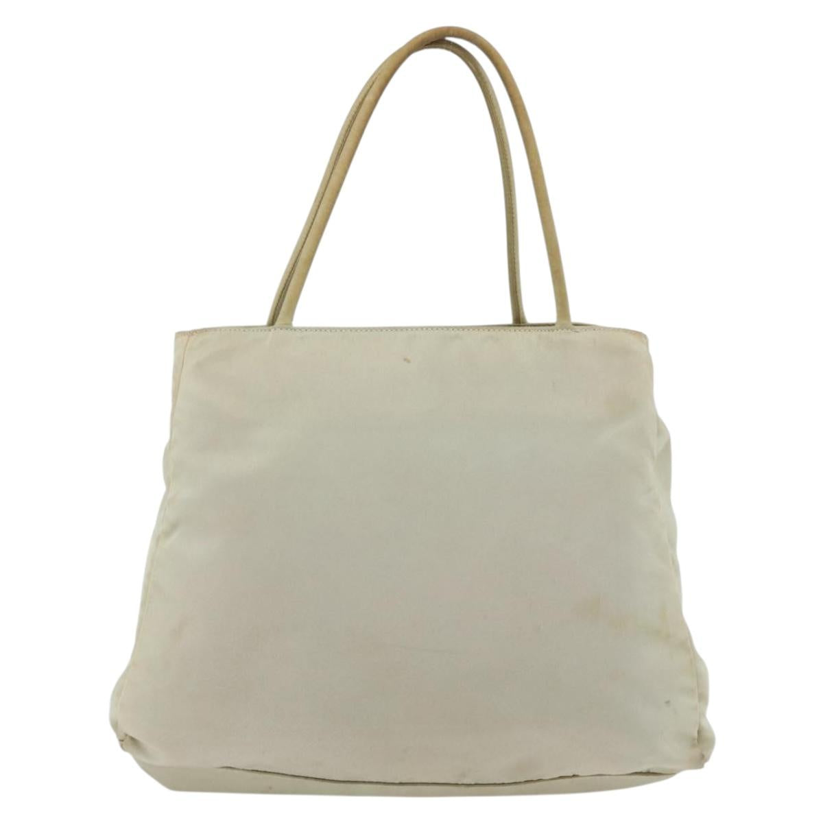 PRADA Tote Bag Nylon Beige Silver Auth AMZ381