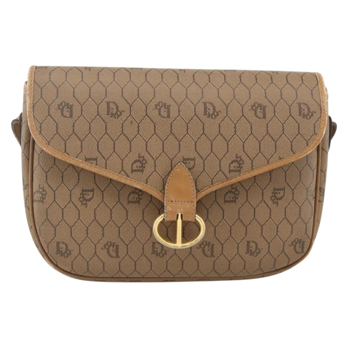 Christian Dior Honeycomb Canvas Shoulder Bag PVC Beige Gold Auth AMZ410