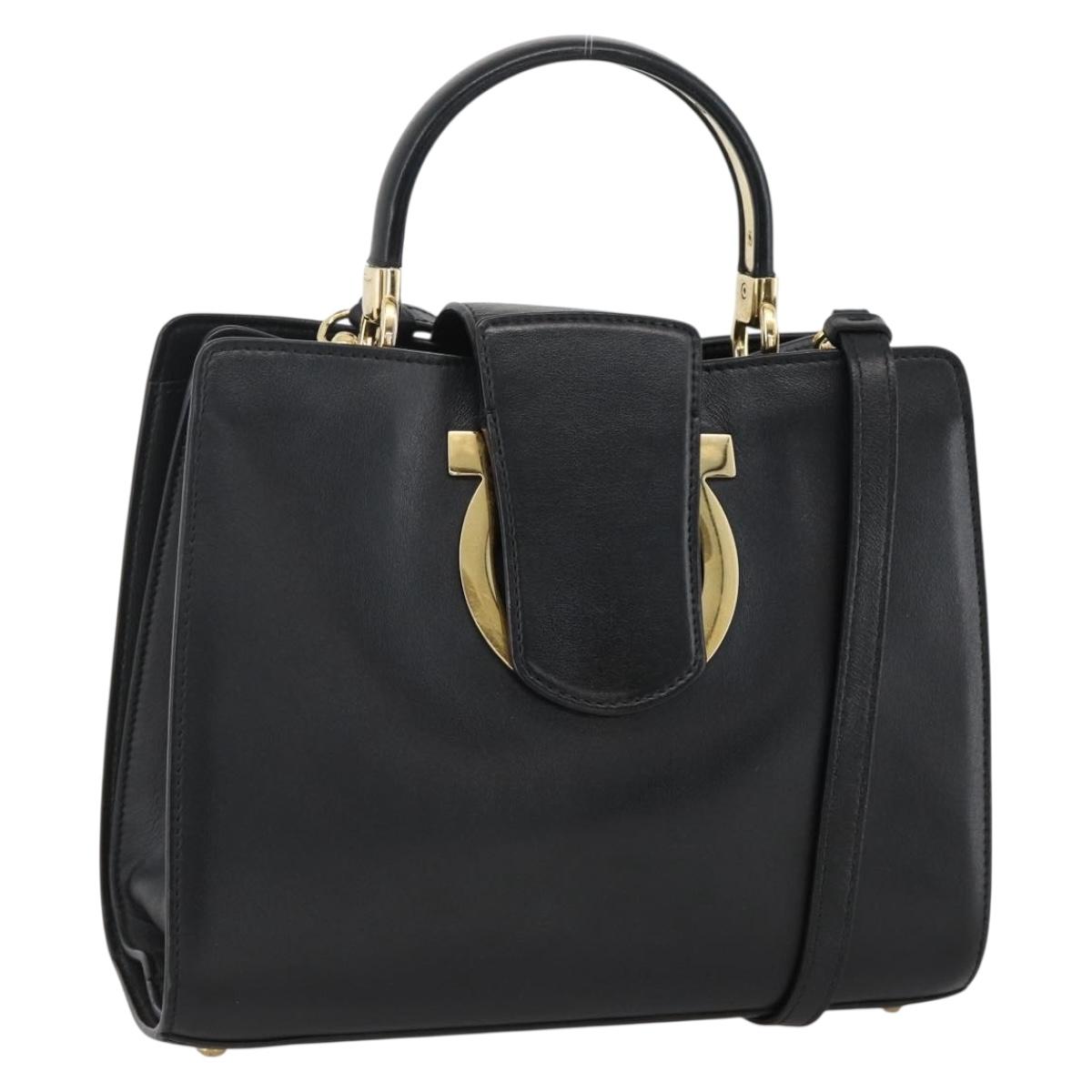 Salvatore Ferragamo Gancini Hand Bag Leather 2way Black Gold Auth AMZ435A