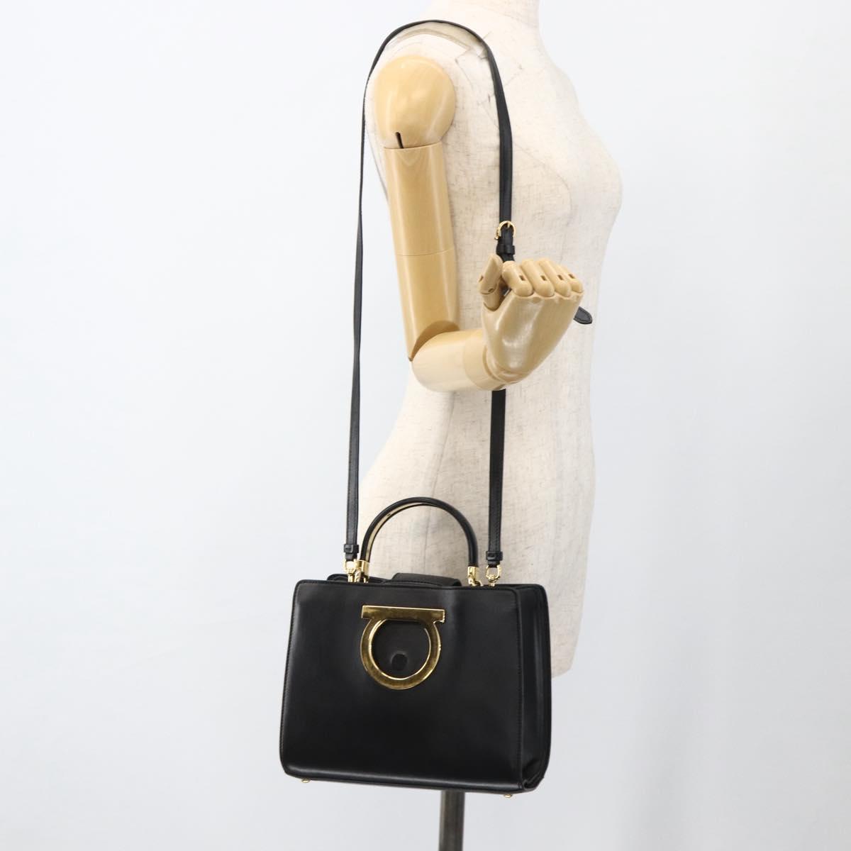 Salvatore Ferragamo Gancini Hand Bag Leather 2way Black Gold Auth AMZ435A