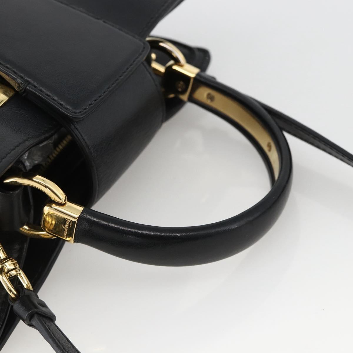 Salvatore Ferragamo Gancini Hand Bag Leather 2way Black Gold Auth AMZ435A
