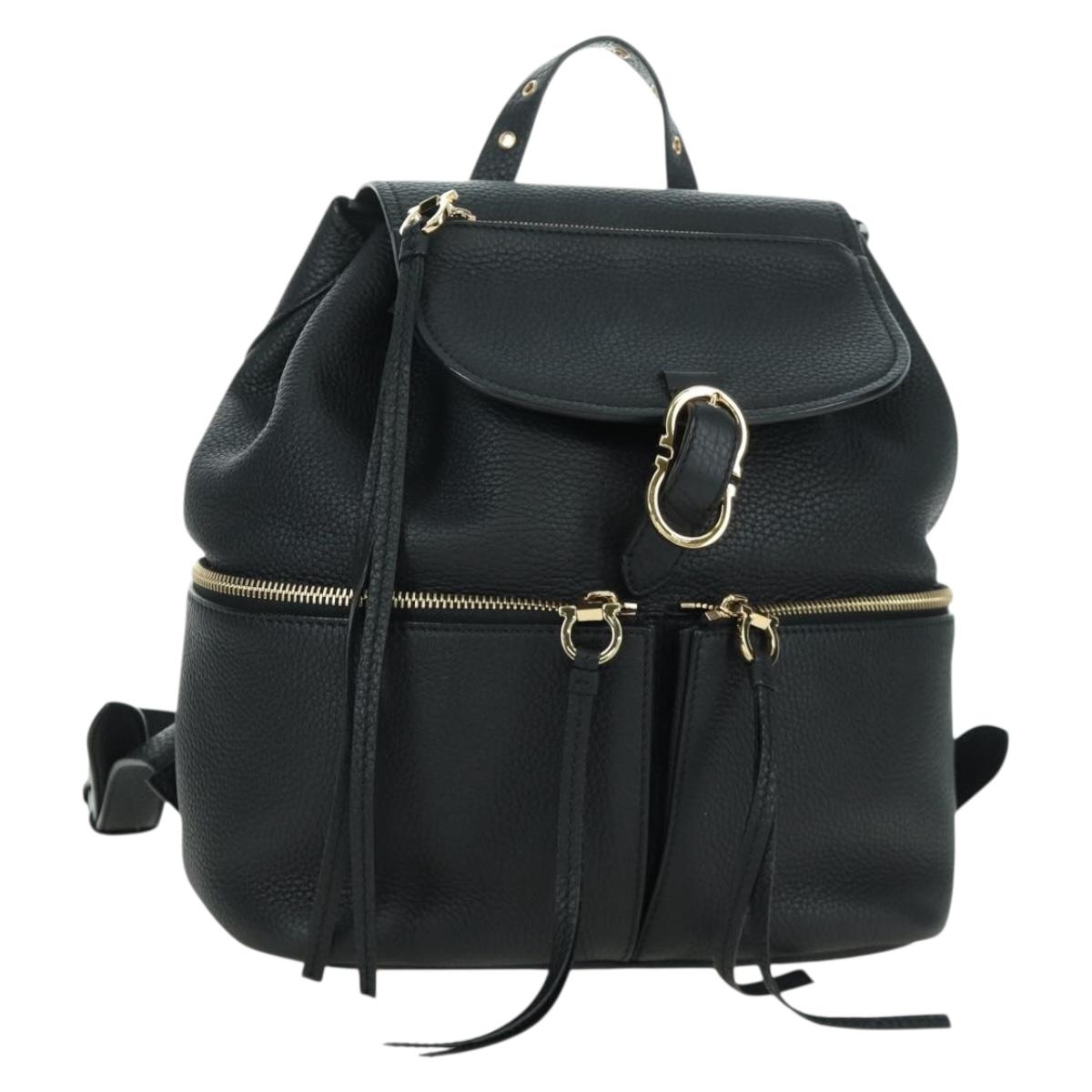 Salvatore Ferragamo Gancini Backpack Leather Black Gold Auth AMZ437V