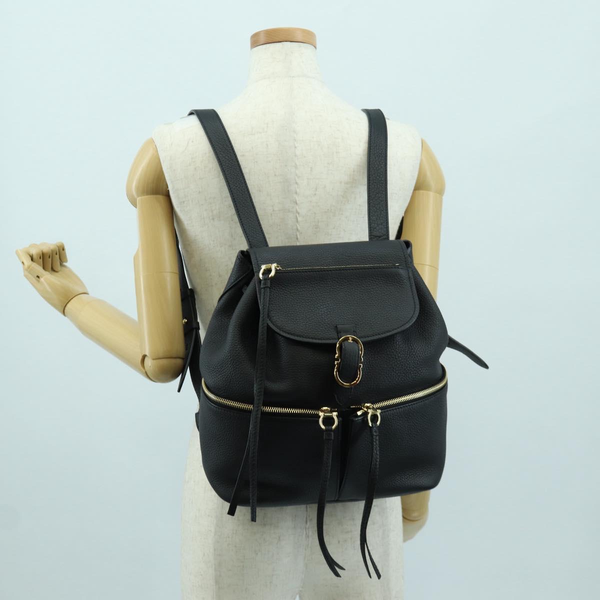 Salvatore Ferragamo Gancini Backpack Leather Black Gold Auth AMZ437V