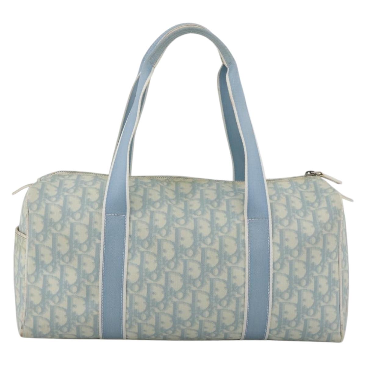 Christian Dior Trotter Canvas Boston Bag PVC Light Blue Silver Auth AMZ439