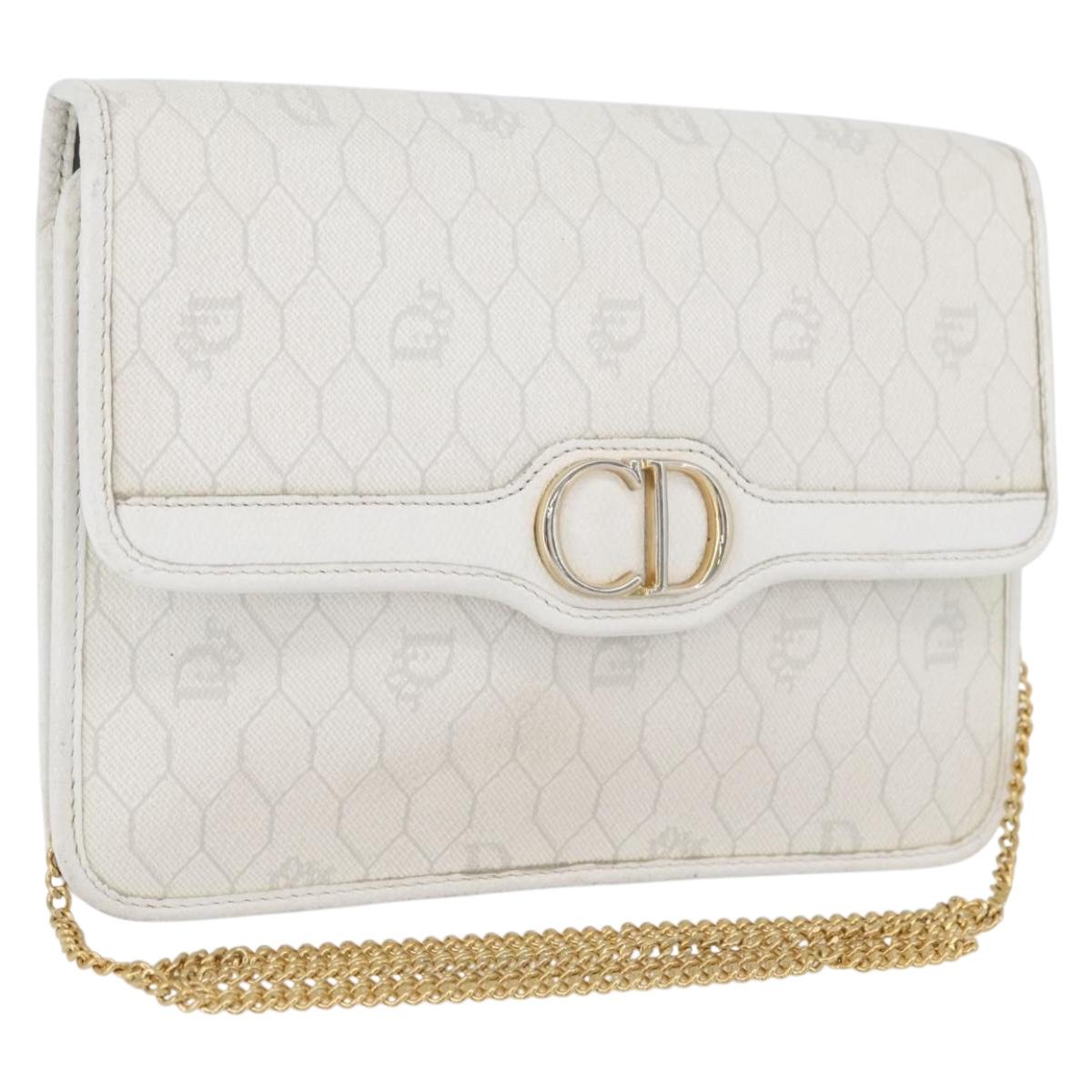 Christian Dior Honeycomb Canvas Chain Shoulder Bag PVC White Gold Auth AMZ444