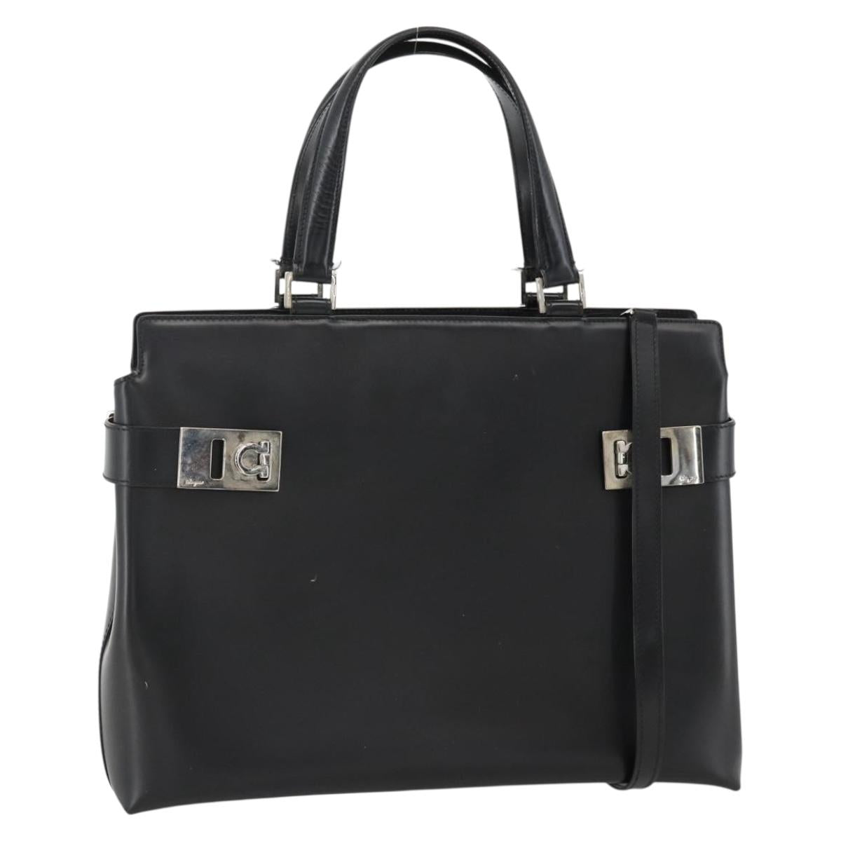Salvatore Ferragamo Gancini Hand Bag Leather 2way Black Silver Auth AMZ445