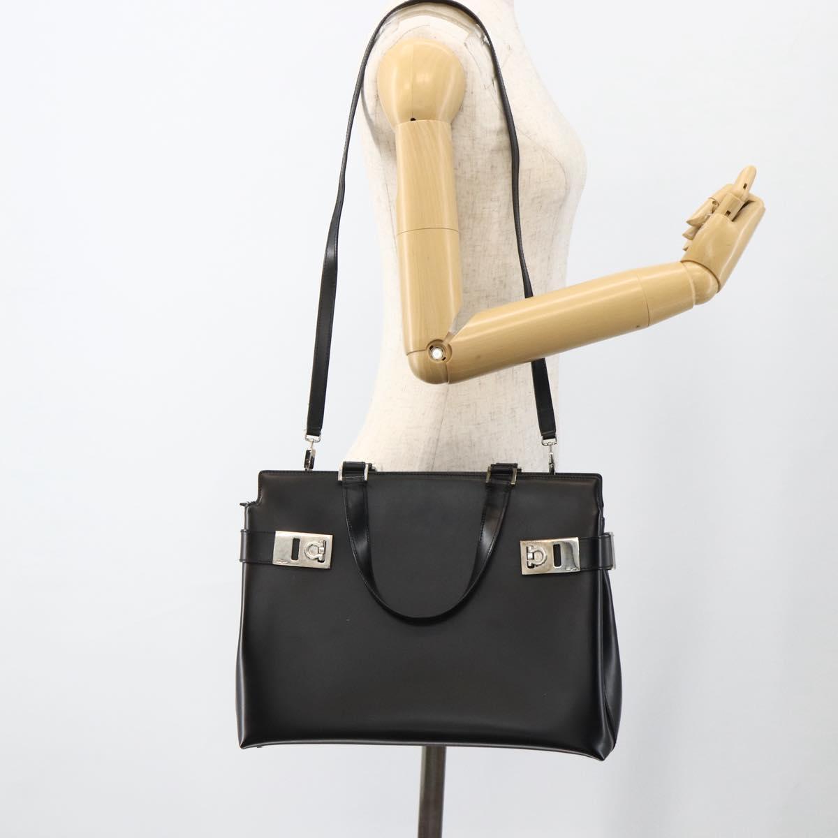 Salvatore Ferragamo Gancini Hand Bag Leather 2way Black Silver Auth AMZ445