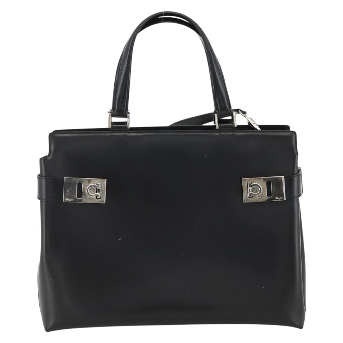 Salvatore Ferragamo Gancini Hand Bag Leather 2way Black Silver Auth AMZ445