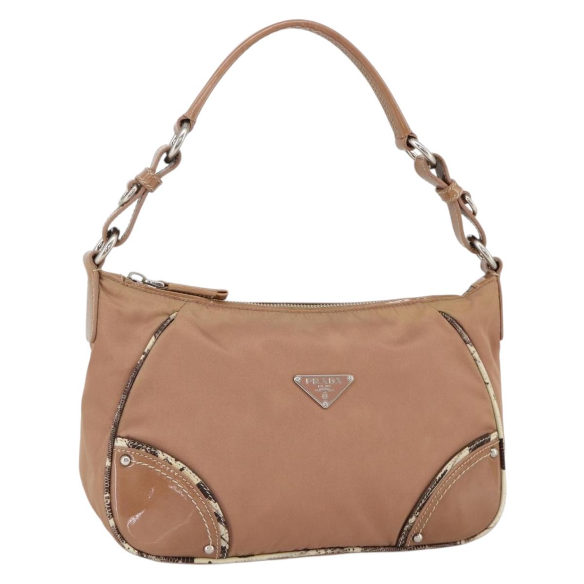 PRADA Shoulder Bag Nylon Beige Silver Auth AMZ446A