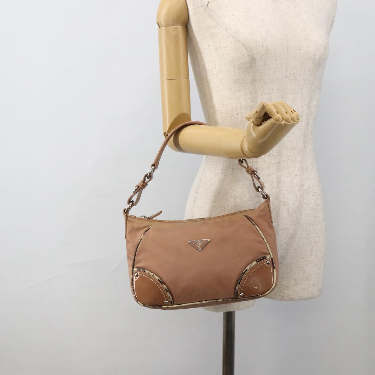 PRADA Shoulder Bag Nylon Beige Silver Auth AMZ446A