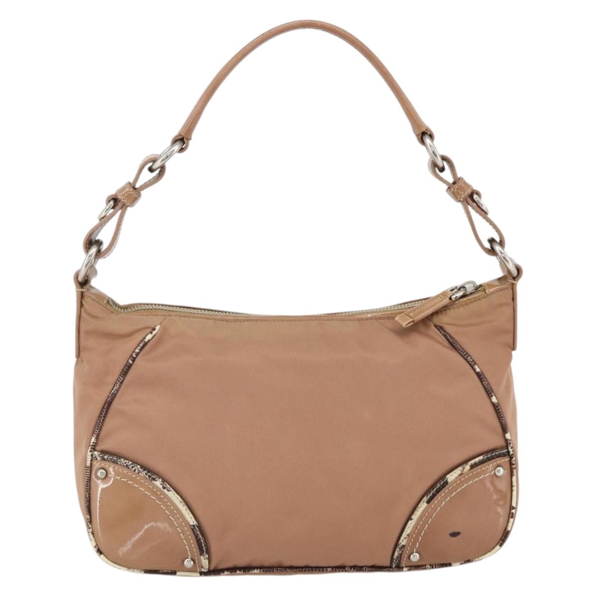 PRADA Shoulder Bag Nylon Beige Silver Auth AMZ446A