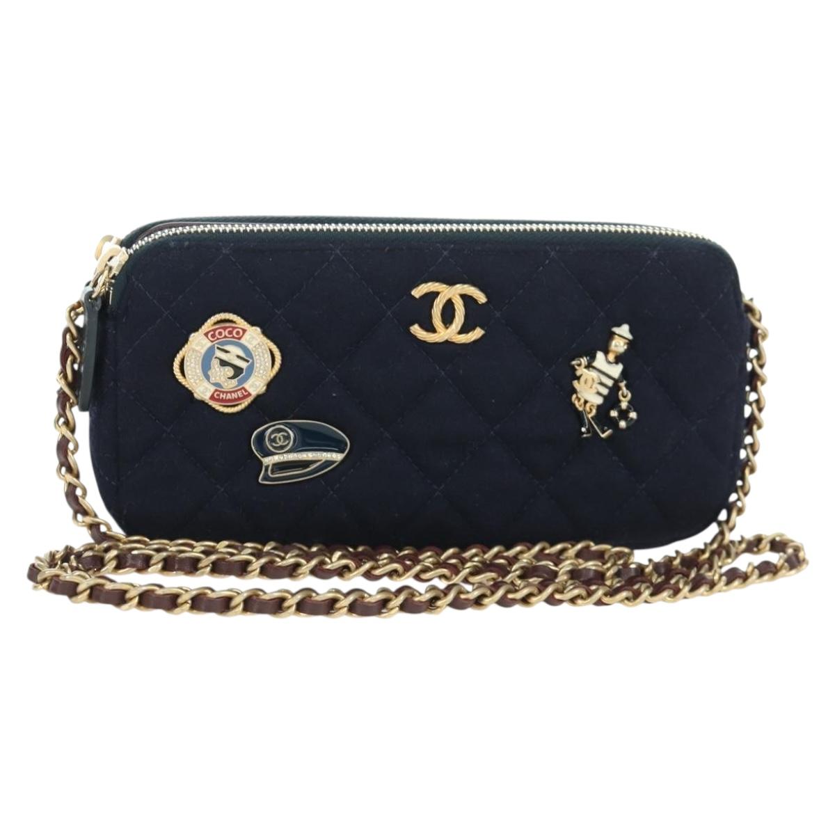 CHANEL Matelasse Chain Shoulder Bag Cotton Navy Gold CC Auth AMZ449SAM