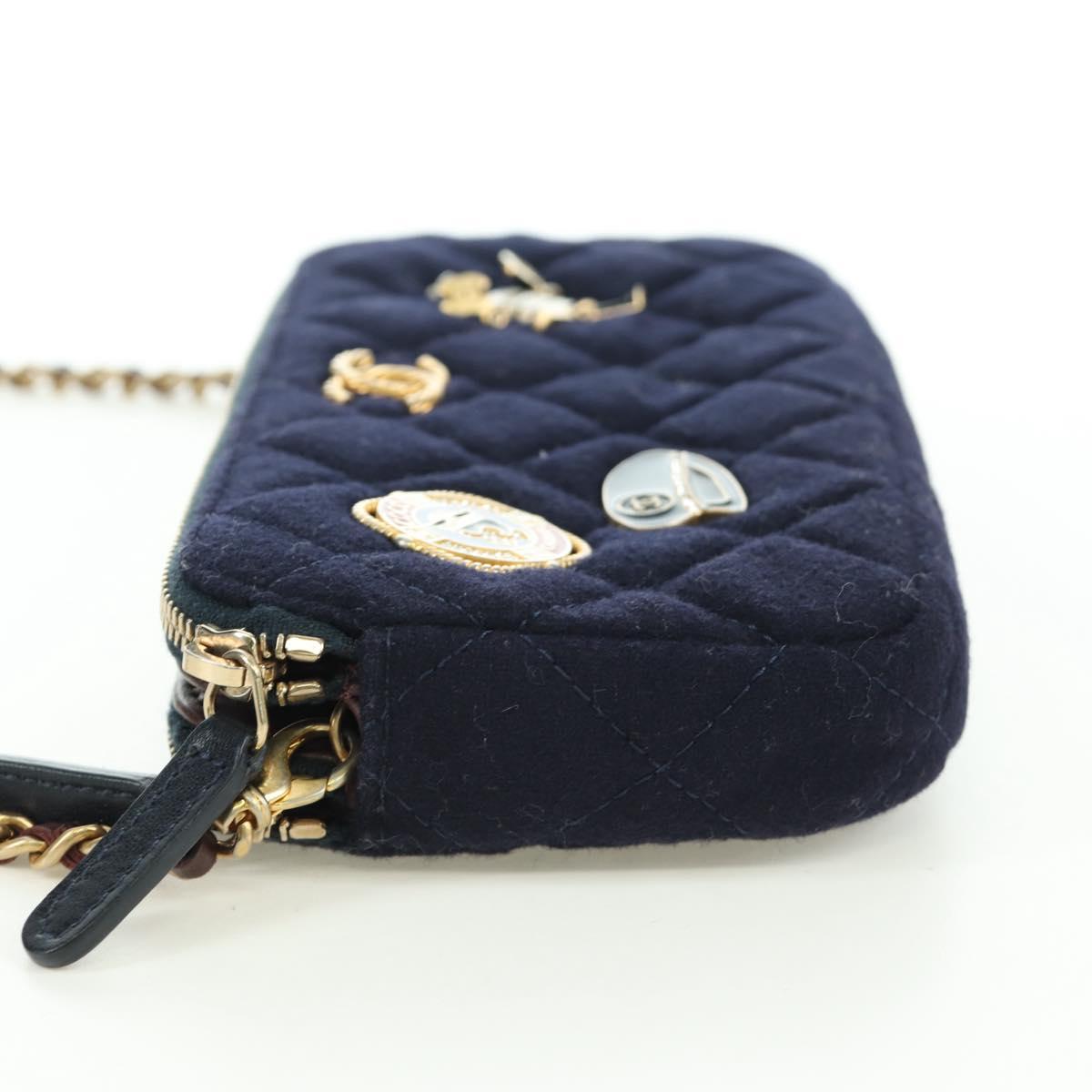 CHANEL Matelasse Chain Shoulder Bag Cotton Navy Gold CC Auth AMZ449SAM