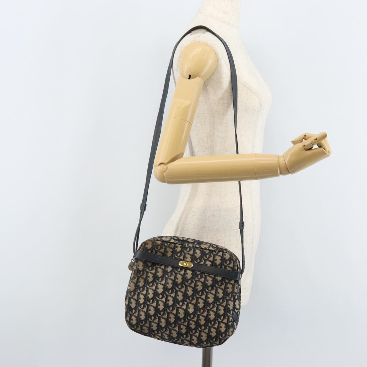 Christian Dior Trotter Canvas Shoulder Bag Navy Gold Auth AMZ494A