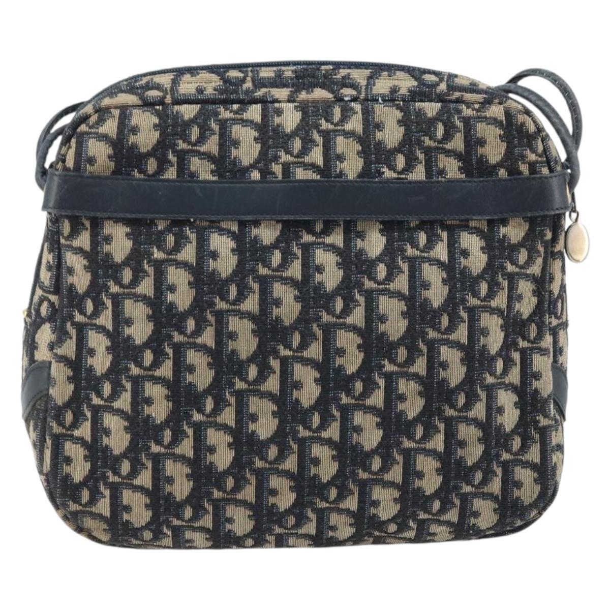 Christian Dior Trotter Canvas Shoulder Bag Navy Gold Auth AMZ494A