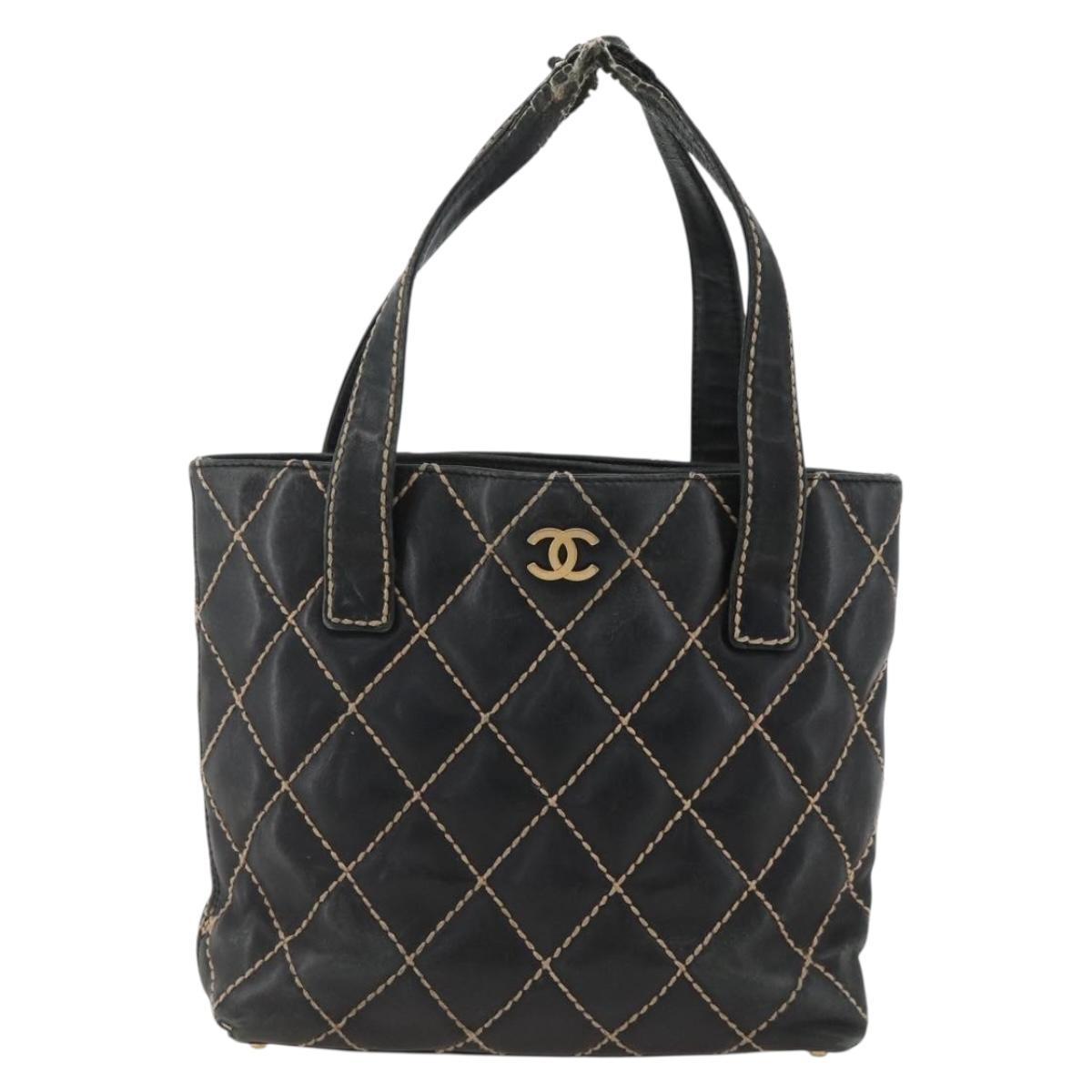 CHANEL Matelasse Wild stitch Tote Bag Leather Black Gold CC Auth AMZ509