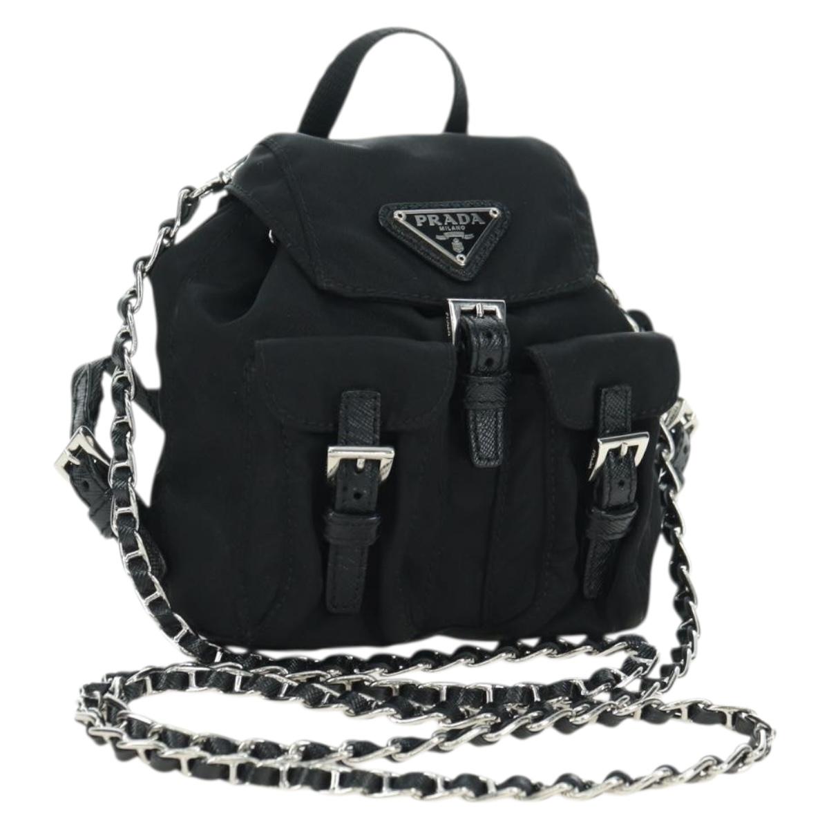 PRADA Chain Shoulder Bag Nylon Black Silver Auth AMZ520M
