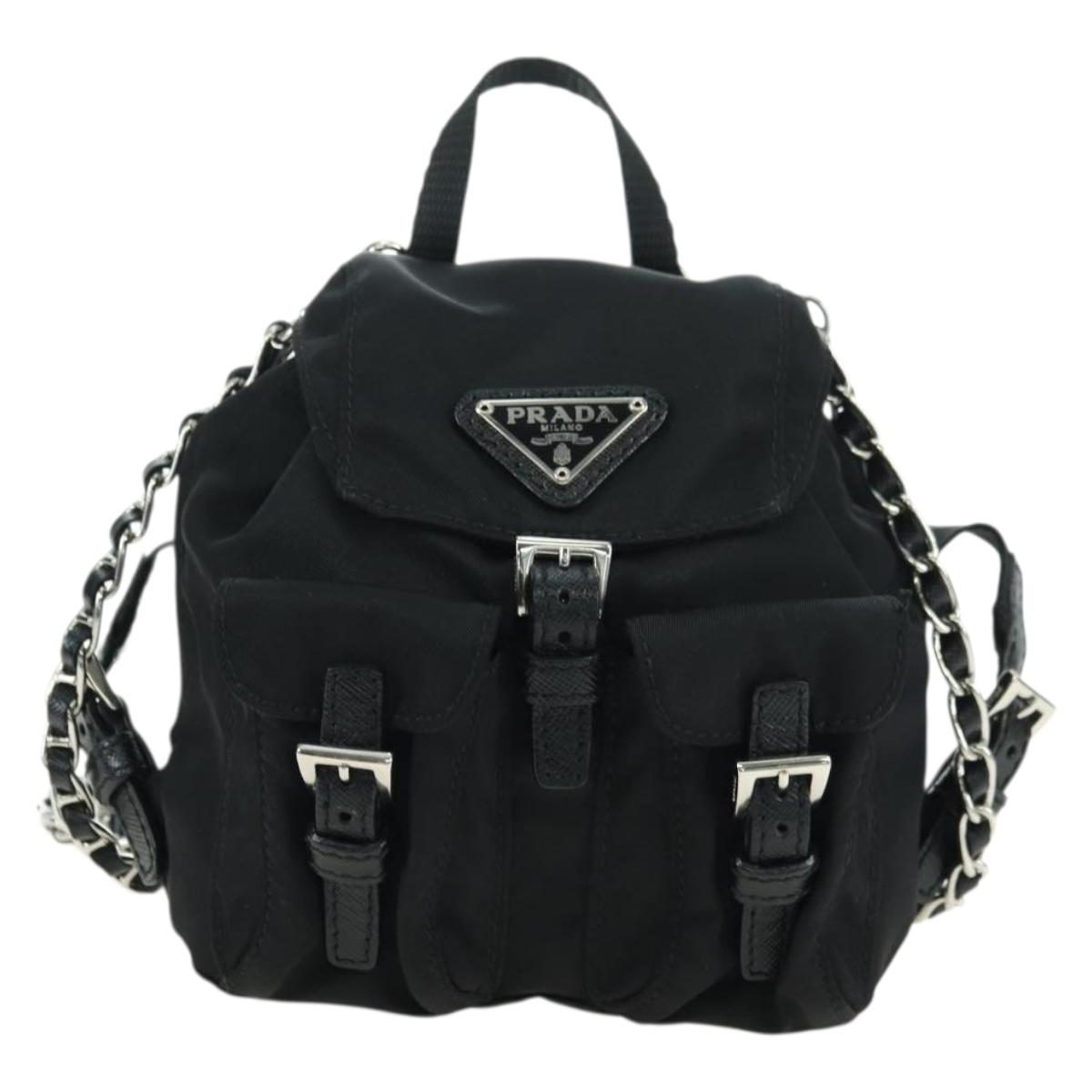 PRADA Chain Shoulder Bag Nylon Black Silver Auth AMZ520M