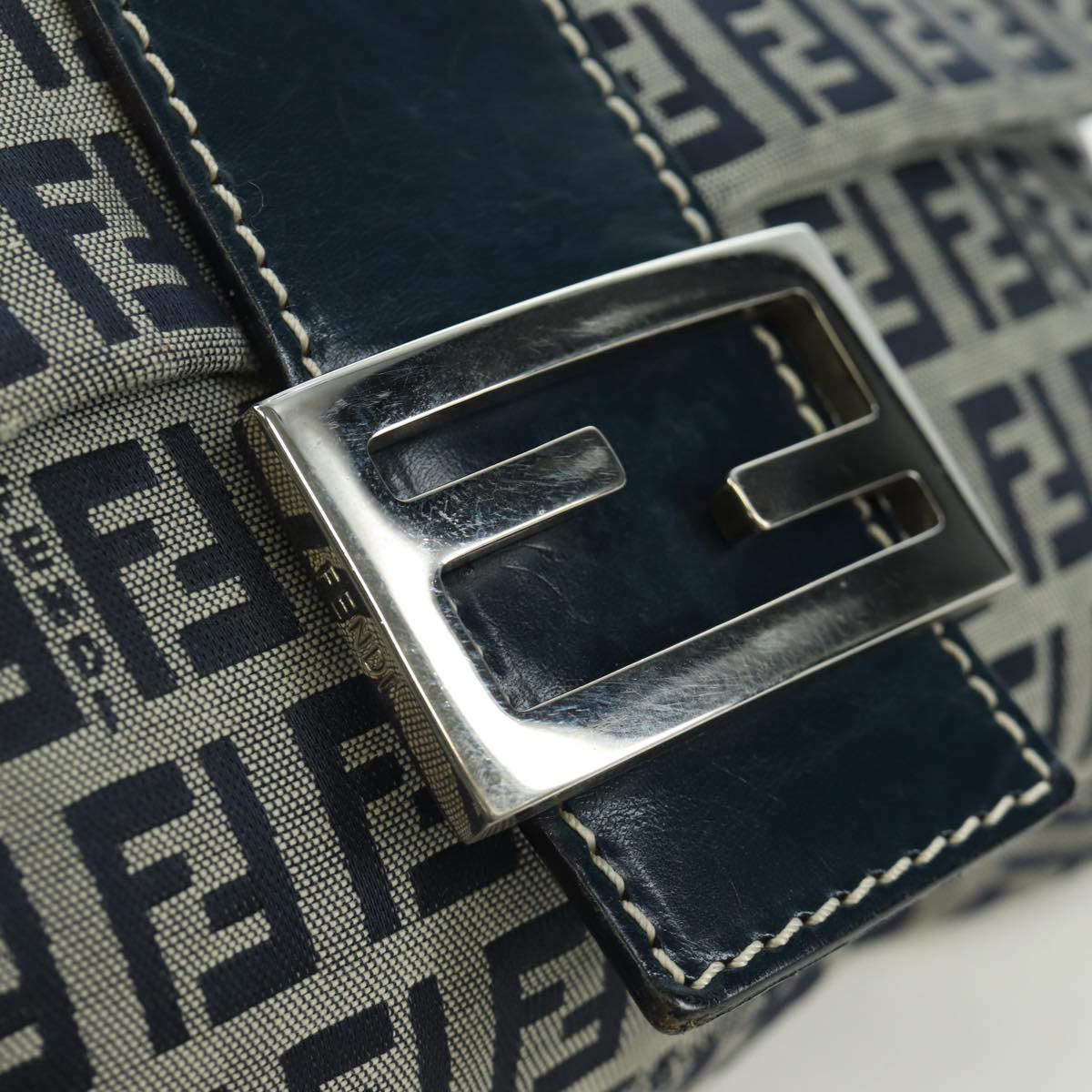 FENDI Zucchino Canvas Mamma Baguette Hand Bag Navy Silver Auth AMZ542V