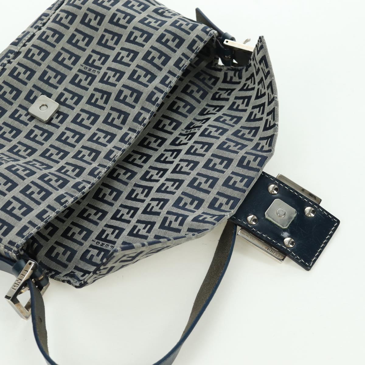 FENDI Zucchino Canvas Mamma Baguette Hand Bag Navy Silver Auth AMZ542V