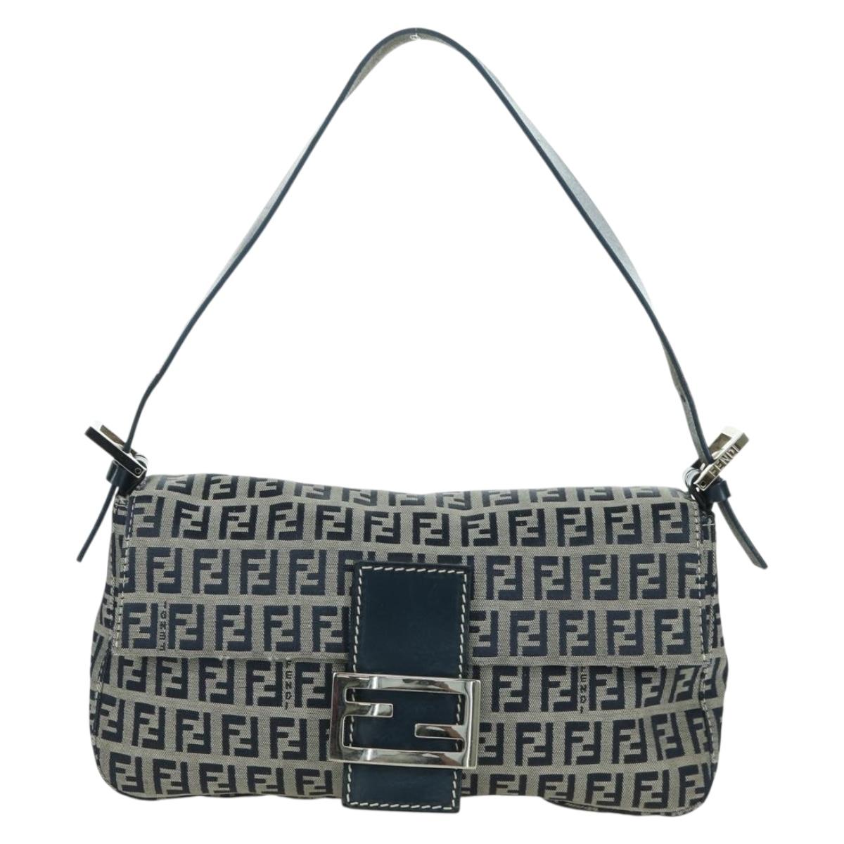FENDI Zucchino Canvas Mamma Baguette Hand Bag Navy Silver Auth AMZ542V