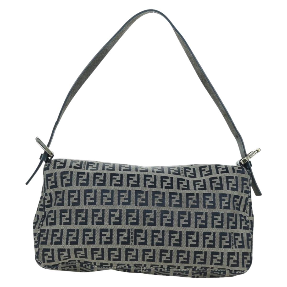 FENDI Zucchino Canvas Mamma Baguette Hand Bag Navy Silver Auth AMZ542V