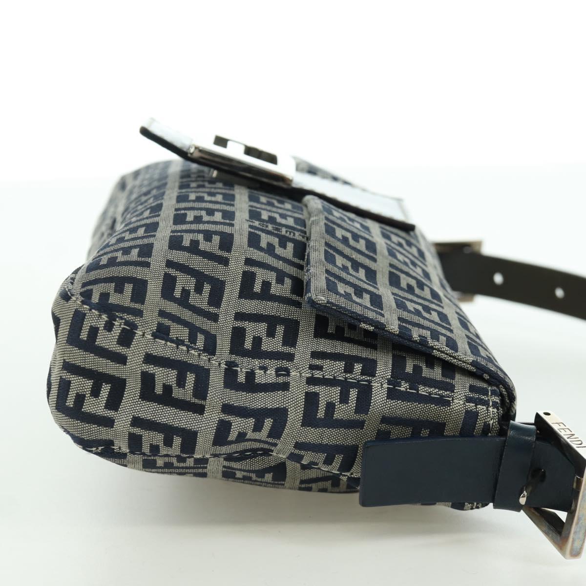 FENDI Zucchino Canvas Mamma Baguette Hand Bag Navy Silver Auth AMZ542V