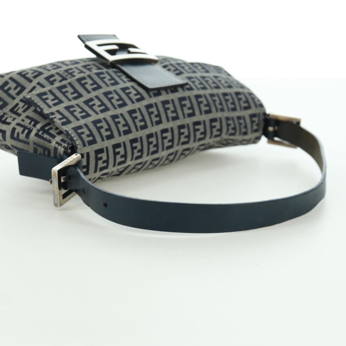 FENDI Zucchino Canvas Mamma Baguette Hand Bag Navy Silver Auth AMZ542V