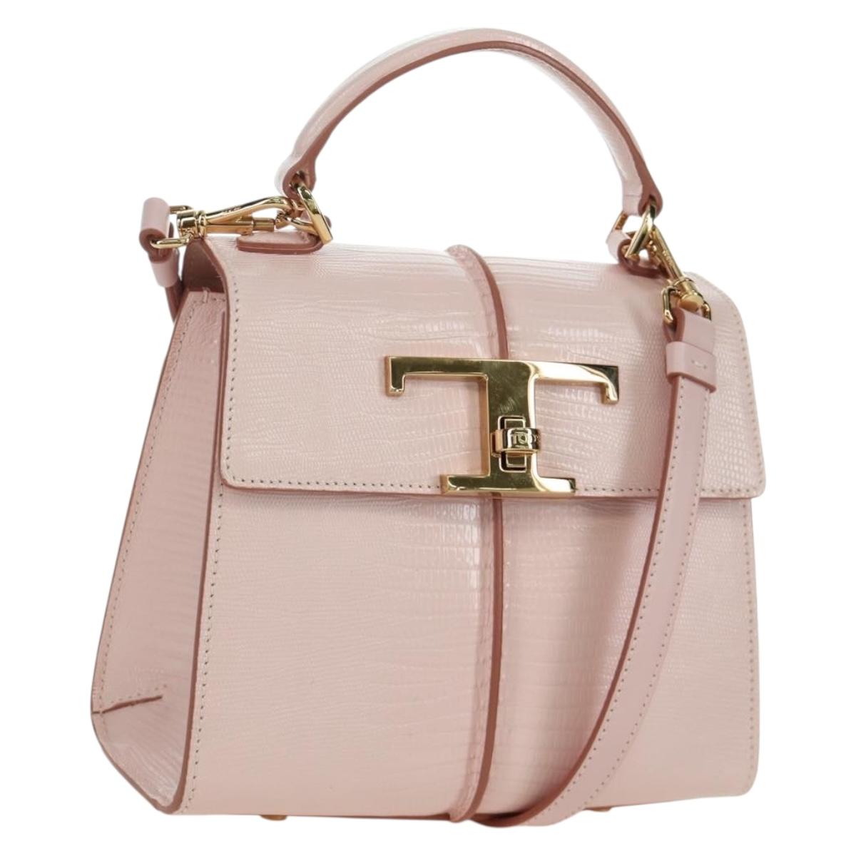 TOD’S Timeless T Hand Bag Leather 2way Pink Gold Auth AMZ549SAM