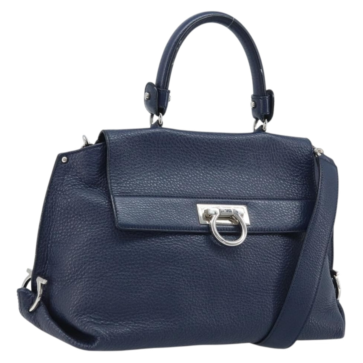 Salvatore Ferragamo Gancini Hand Bag Leather 2way Navy Silver Auth AMZ562A