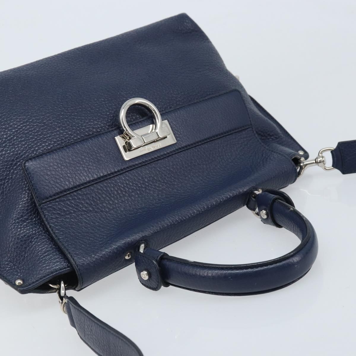 Salvatore Ferragamo Gancini Hand Bag Leather 2way Navy Silver Auth AMZ562A
