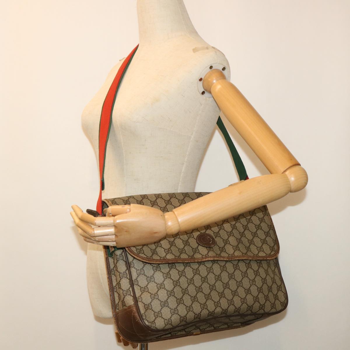 GUCCI GG Canvas Web Sherry Line Shoulder Bag Beige Red Green Auth ar10088