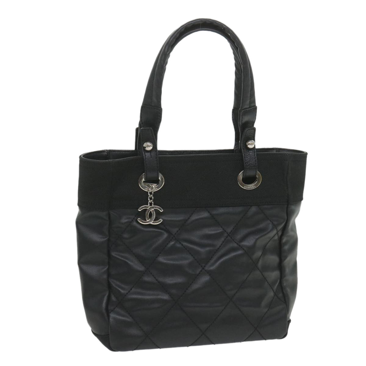 CHANEL Paris Biarritz Tote PM Tote Bag Coated Canvas Black CC Auth ar10719