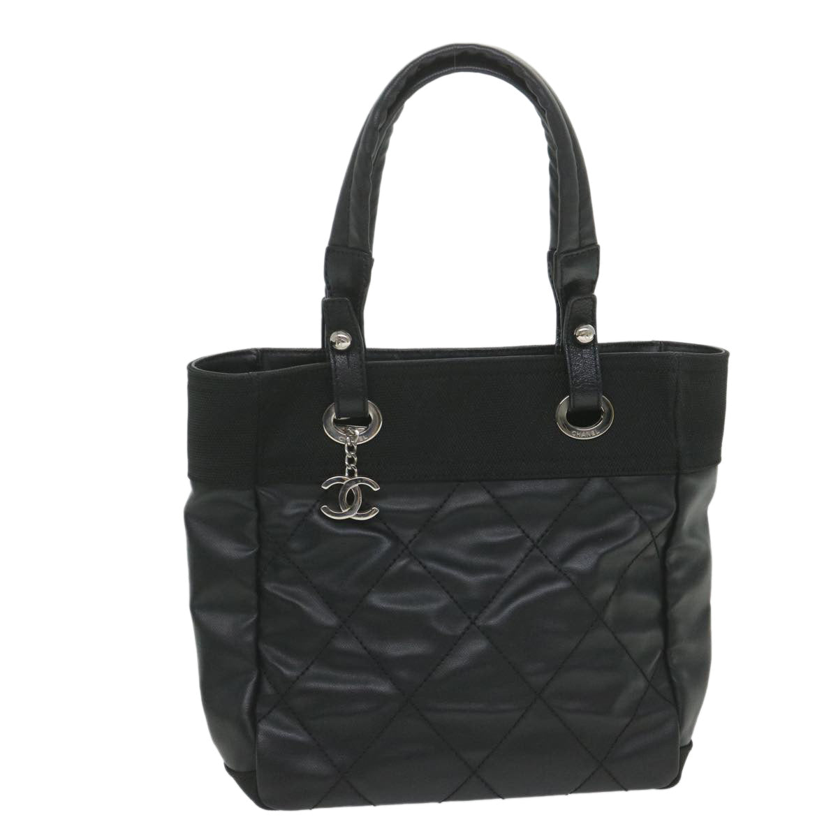 CHANEL Paris Biarritz Tote PM Tote Bag Coated Canvas Black CC Auth ar10719