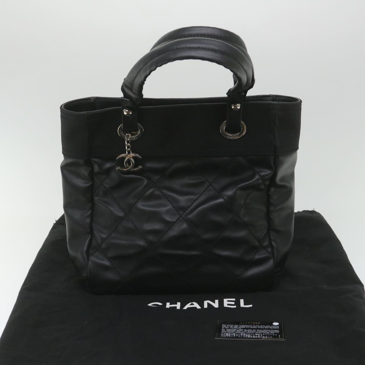 CHANEL Paris Biarritz Tote PM Tote Bag Coated Canvas Black CC Auth ar10719